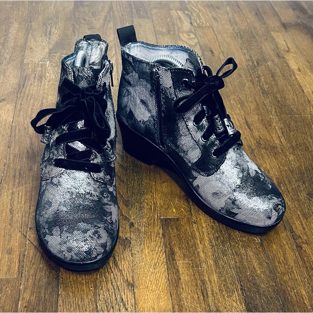 Alegria Eliza Elegance Ankle Boots Silver & Black Leather Comfort Velvet Laces 7